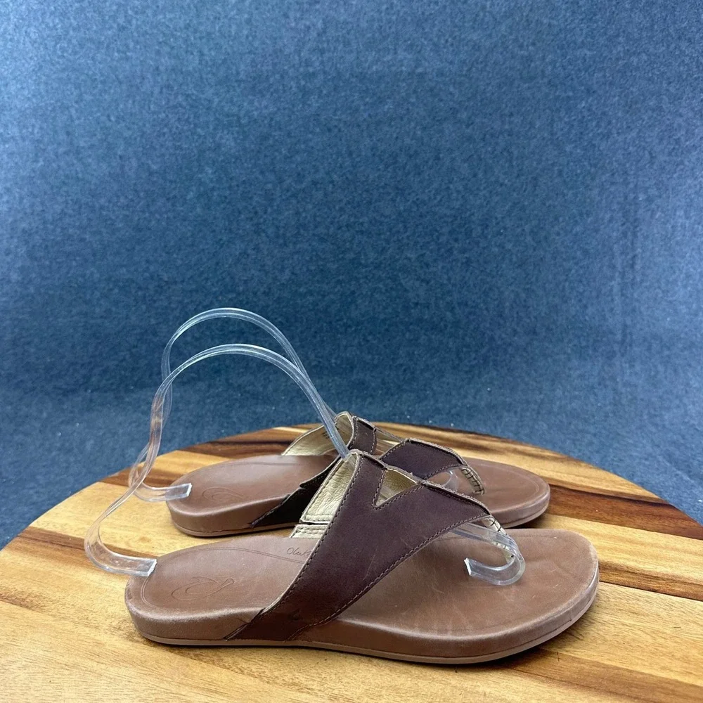 OluKai LALA Brown Leather Thong Flip Flops Slide Sandals Women's Size US 8